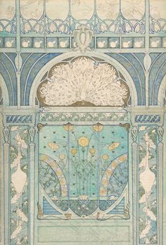 an ornate painting with blue and yellow colors on the walls, in front of a doorway