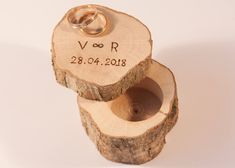 two wedding rings sitting on top of wooden slices