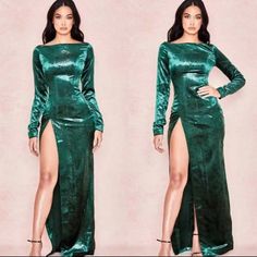 Nwt Brand: House Of Cb Size: Xs Color: Emerald Green Long Sleeves Velvet Emerald Green Dress Accessories, Thigh Split Dress, Black Satin Midi Dress, Split Dress Thigh, Lace Front Dress, Satin Corset Dress, White Ruffle Dress, Backless Midi Dress, House Of Cb Dresses