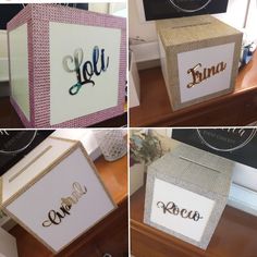 four pictures of boxes with different designs on them