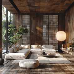 a living room filled with lots of furniture next to a wooden floor covered in plants