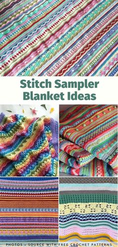 the finished crocheted blanket is shown with different colors and patterns, including stripes