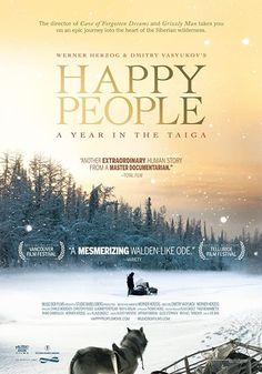 the movie poster for happy people is shown with a dog pulling a sleigh