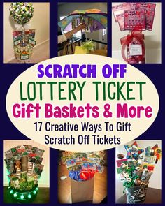 a bunch of baskets that are in front of a wall with the words scratch off lotty ticket gift baskets and more