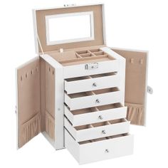 an open white jewelry box with drawers and mirror on the top, in front of it