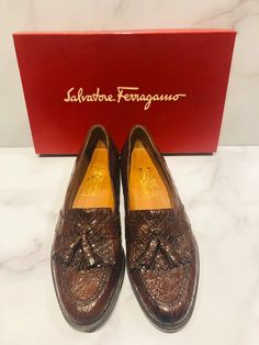 Salvatore Ferragamo “Novara” Brown Crocodile Men’s Tassel Loafers Shoes | eBay Luxury Tassel Loafers With Brogue Detailing, Luxury Wingtip Tassel Loafers For Business, Designer Brown Wingtip Loafers, Designer Business Tassel Loafers With Brogue Detailing, Designer Tassel Loafers With Leather Sole For Galas, Luxury Brown Tassel Loafers For Formal Occasions, Brown Luxury Tassel Loafers For Formal Wear, Brown Luxury Tassel Loafers For Formal Occasions, Luxury Moc Toe Tassel Loafers For Galas