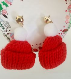 red and white knitted mitten earrings with bells