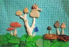 there are many different types of rocks on the ground and in the grass, including mushrooms