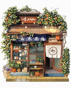 an illustration of a store front with plants growing on it