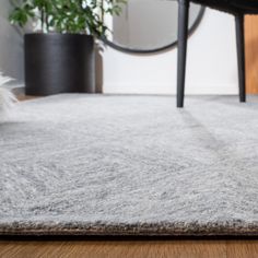 an area rug on the floor in front of a chair and potted plant next to it