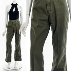 "- 90s/2000s muted olive green jeans - zipper and button front closure - pockets on front and back - regular fit Label: Lee Tag Size:  8 M Fits like:  M Material:  Cotton Condition:  Great Clipped on Mannequin:  No ✂ SIZE + FIT ✂ Length: 42\" / 107 cm Waist: 30\" / 76 cm Hips: 34\" / 86 cm Inseam: 32\" / 81 cm Rise: 22\" / 56 cm All measurements are taken with garment lying flat. ALWAYS refer to measurements as vintage sizes can vary greatly from today's modern sizes. We recommend comparing meas Muted Olive Green, Olive Green Jeans, Dress Form Mannequin, Womens Trousers, Green Jeans, Vert Olive, 90s 2000s, Dress Form, Mid Rise Jeans