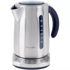 an electric kettle that is on top of a table with a blue handle and the words bvevillia written on it