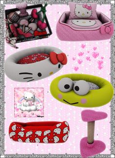 hello kitty furniture and accessories are arranged on a pink background