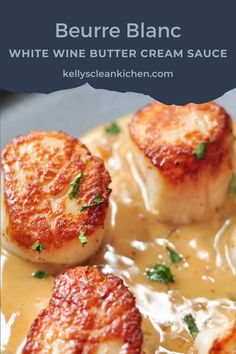 some scallops are covered in gravy and garnished with parsley