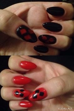 Harley Quinn nails Harley Quinn Nails Designs, Harley Nails, Harley Quinn Nails, Joker Nails, Red And Black Nail, Batman Nails, Halloween Nails Design, Wicked Nails, Harley Quinn Makeup