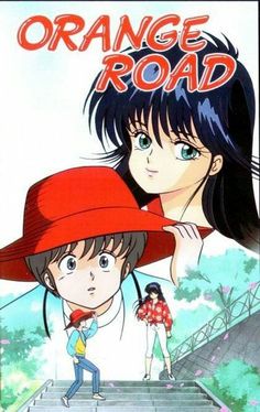 an orange road movie poster with two young women and one man wearing a red hat