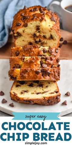 chocolate chip bread on a plate with text overlay