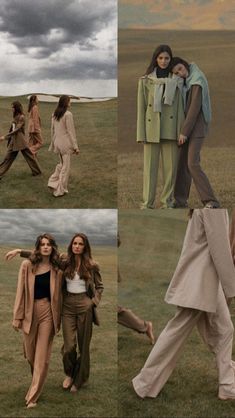 four different pictures of women walking in the grass