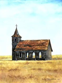 a painting of an old wooden church in the middle of a field with grass and blue sky