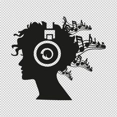 a person's head with musical notes coming out of it, silhouetted against a transparent background