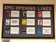 a bulletin board that has some books on it with writing and pictures attached to it