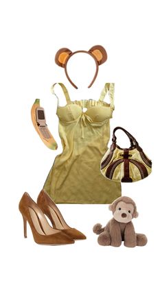 a woman's outfit with shoes, purse and teddy bear