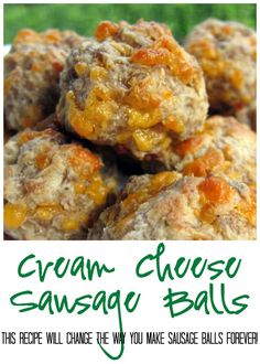 a close up of food on a plate with words above it that reads cream cheese sausage balls