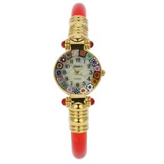 This elegant Murano glass bangle watch is an exclusive timepiece featuring Murano's famous craftsmanship and high quality Italian workmanship evident in every detail. The face of the watch is handcrafted using Millefiori glass-making technique (Millefiori means "a thousand flowers" in Italian). Tiny mosaic glass pieces with catchy designs are carefully fused together around the face of the watch to create symmetrical patterns captivating the viewer. Bold colors, rich design, and the stylish gold Elegant Multicolor Watches For Gifts, Elegant Multicolor Watches As Gifts, Elegant Multicolor Round Dial Watches, Elegant Red Watch For Gift, Elegant Red Watch As Gift, Elegant Bangle Watch As A Gift, Italian Leather Handbags, Bangle Watches, Italian Bags