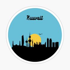 a sticker with the name kuwait in front of a cityscape at sunset