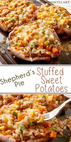 two pictures of stuffed sweet potatoes with cheese and vegetables