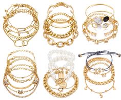 PRICES MAY VARY. 【MULTIPLE BRACELET DESIGN PACK】: 6 set of different styles of fashion gold bracelets, 25 individual bracelets (including 7PCS bangles), there are bold and light chains, and delicate thick bracelets, with different pendants, a variety and value package, enrich your jewelry choices. 【FINE QUALITY】: 17IF jewelry are made of high-quality alloy materials, using a unique gold-plated technology manufacturing, do their best to grow the life of the product and protect the appearance of d Thick Bracelets, Layered Bangles, Bracelet Set Silver, Womens Bangles, Gold Bracelet Set, Gold And Silver Bracelets, Bracelets Set, Chain Bracelets, Gold Bracelets