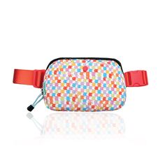 The perfect summer bag! These fanny packs/bum bags come in a rainbow multi-check or blue, with tiny little faces that make up this classic subtle pattern. A sturdy bright red strap that extends to 36 inches long. An easy fastening clip to take it on and off, an accessible phone pocket on the back, and a secure snap pocket in the front. Inside is red with a pocket to hold your ear-pods, keys, etc. This bag is large enough for your necessary valuables, but small enough to be convenient for trips and outings. Have you seen the adorable rainbow zipper?? And the cute pull tab?? TC Certified recycled nylon.  Cute, practical, unique.  See details below: Hand-wash or wash cold on delicate and lay flat to dry. Multicolor Crossbody Belt Bag For Daily Use, Multicolor Zipper Pouch Belt Bag For Travel, Multicolor Belt Bag With Removable Pouch For Travel, Multicolor Belt Bag With Adjustable Strap For Travel, Multicolor Belt Bag For Everyday Summer Use, Multicolor Rectangular Belt Bag With Cell Phone Pocket, Multicolor Rectangular Belt Bag For Everyday Use, Multicolor Rectangular Belt Bag, Multicolor Belt Bag With Adjustable Strap For School