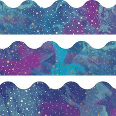 three rows of blue and purple watercolor paper with gold polka dots on the edges