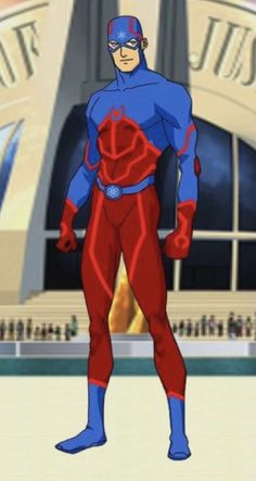 an animated image of a man in a red and blue suit with his hands on his hips