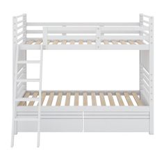 the bunk bed is white and has two drawers on each side, with one drawer underneath it