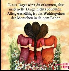 two girls with long hair are hugging each other and the words in german are written below them