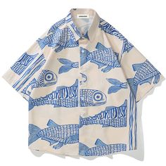 Lemandik Japanese Short-Sleeve Shirt Koi Fish Traditional Japanese Kimono, Shirt Drawing, Small Fish, Japanese Streetwear, Fish Print, Style Summer, Beach Shirts, Japanese Fashion, Summer Shirts