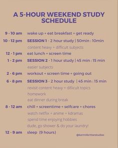 a flyer for a 5 - hour weekend study schedule