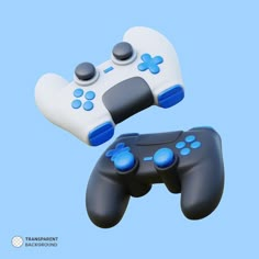 two video game controllers in the air on a blue background