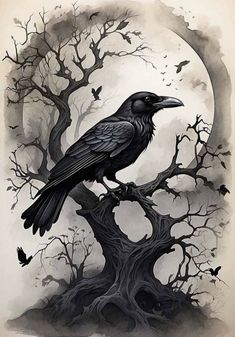 a black crow sitting on top of a tree branch in front of a full moon