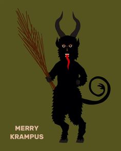 a black devil with horns holding a stick in its hand and the words merry kramus written on it