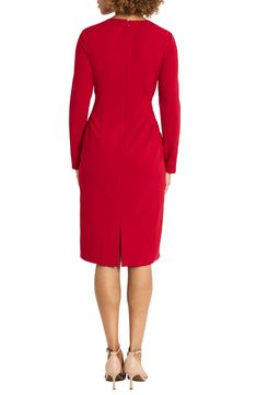 Go from desk to dinner in a long-sleeve sheath dress cut from comfortable stretch crepe and finished with an elegantly belted waist. 43" length (size 2) Hidden back-zip closure Jewel neck Long sleeves Attached belt Lined 96% polyester, 4% spandex Machine wash, dry flat Imported Barbados Cherry, Long Sleeve Sheath Dress, Social Dresses, Weekend Dresses, Defined Waist, Garden Dress, Illusion Dress, Maggy London, Midi Sheath Dress