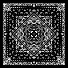 a black and white bandanna with an intricate design on the front, featuring paisley patterns