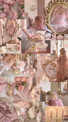 a collage of pink and gold items with candles in the middle, roses on the bottom