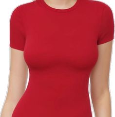 Solid Color Short Sleeve Elastane Top, Fitted Seamless Red Bodysuit, Fitted Red Seamless Bodysuit, Fitted Red Crew Neck Top, Red Stretch Bodysuit With Short Sleeves, Trendy Red Seamless Tops, Black Halter Bodysuit, Vintage Bodysuit, Tank Top Bodysuit