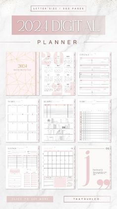 the 2021 digital planner is shown in pink and white with gold foiling on it