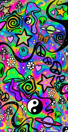 an abstract painting with many different colors and symbols in the shape of hearts, stars, and other things