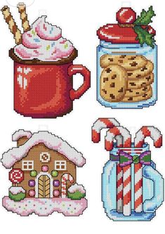 four cross stitch christmas items are shown in this set, including cookies and candy canes