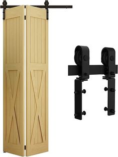 an open wooden door with two black brackets on each side and a closed sliding door to the other side