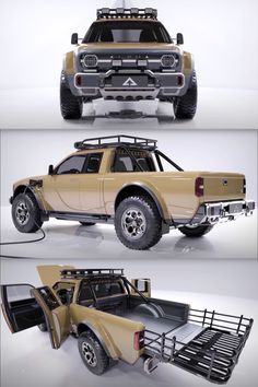 four different views of an off road vehicle with flatbeds and rear bumper bars